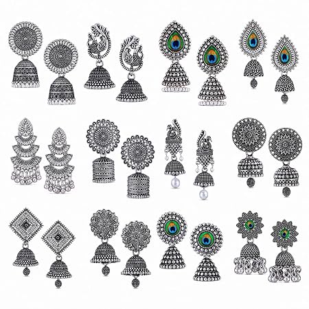 MEENAZ 12 Pair earrings for women Stylish fashion jhumka oxidised Silver Earrings for women Combo chandbali pearl chandbali stylish jhumkas traditional Earrings For girls South indian traditional Ear Rings -M879
