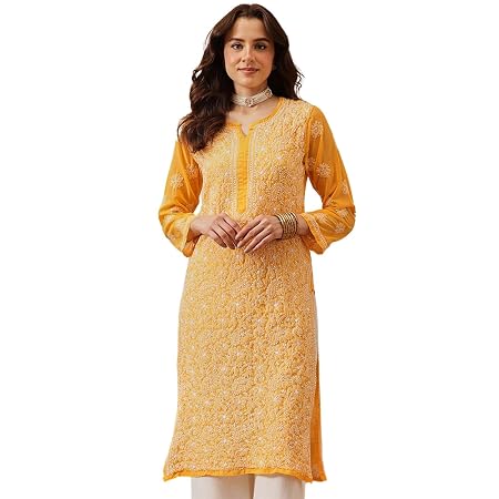 Ada Hand Embroidered Chikankari Yellow Georgette Kurta for Women A95504 2XL