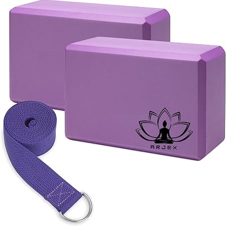 ARJEX Yoga Block Set of 2- Supportive Latex-Free Eva Foam - Soft Non-Slip Surface with Beveled Edges for Yoga, Pilates, Meditation - Yoga Accessories for Stability, Balance, Deepen Stretches (Multicolour) (Yoga Block & Strap, 9×6×4 in)