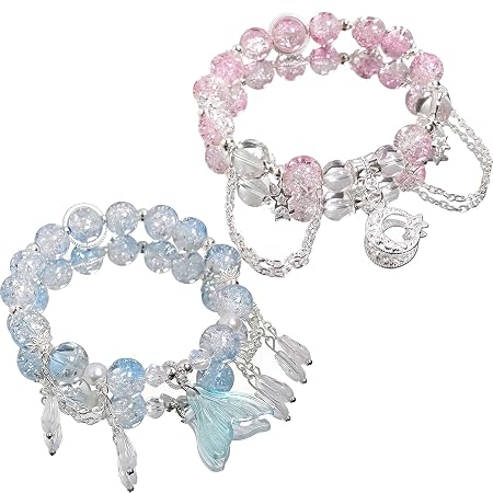 2Pcs Bracelet for Girls Stylish, Crystal Fish Tail and Moon Bracelets, Cute