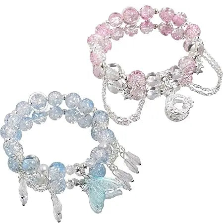 2Pcs Bracelet for Girls Stylish, Crystal Fish Tail and Moon Bracelets, Cute - Jados Fashion