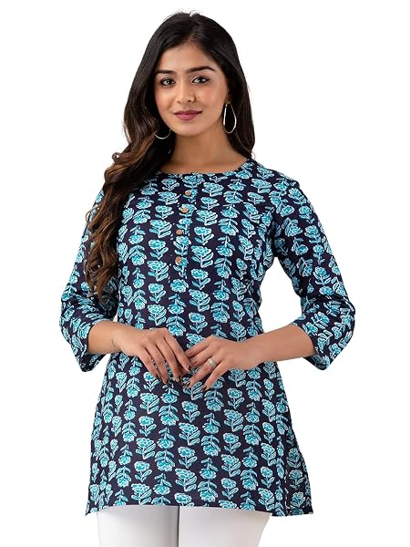 feranoid Women Cotton Printed Straight Short Kurti (Blue)