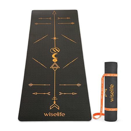 WiseLife Boho Alignment 8mm Yoga Mat with Strap | Non-Slip Thick Exercise Mat for Yoga, Pilates, Gym & Flexibility Training (Black)