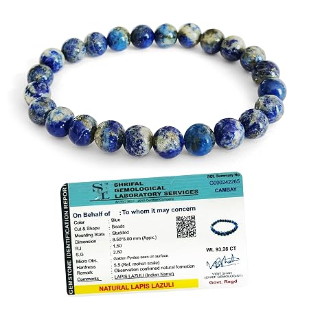 Original Lapis Lazuli Bracelet with Lab Certificate for Men and Women - Natural Energised Blue Bracelet for communication, Balance Throat Chakra, Reiki Healing and Good Luck - 8MM Beads