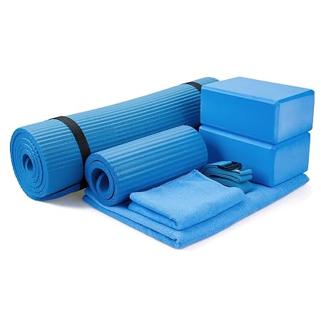 BalanceFrom GoYoga 7-Piece Set - Include Yoga Mat with Carrying Strap, 2 Yoga Blocks, Yoga Mat Towel, Yoga Hand Towel, Yoga Strap and Yoga Knee Pad (Blue, 1/2"-Thick Mat)