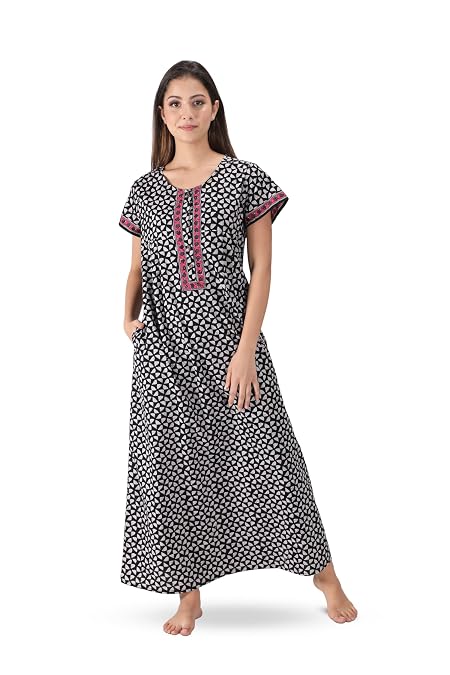 NIHSAMAH Core Style Cotton Night Gown for Women with Pockets | Premium Printed Long Nighty | Comfortable & Fancy Sleepwear/Nightwear (Black Red, XS-Bust-38)