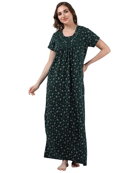 9shines Label Stylish Cotton Blend Nighty Maxi for Women | Full Length Trendy Nightgown | Premium Nightdress | Nightwear | Embroidery Nighty with Pocket (5256DG-M-01-24)