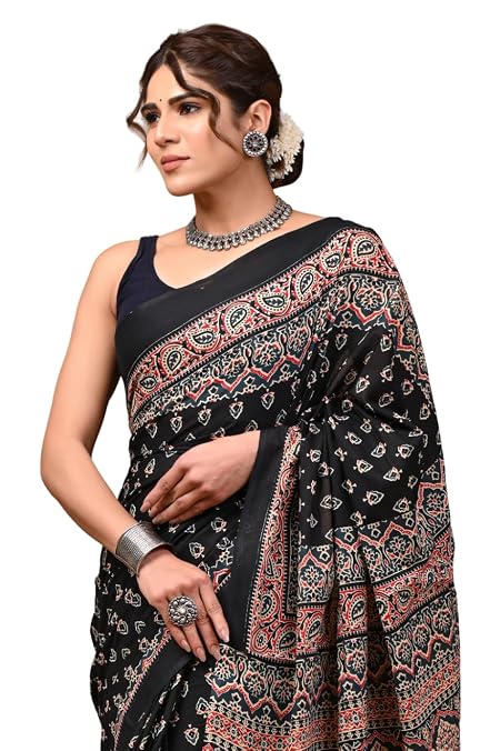 Crafts Moda Cotton Saree for women, Printed Mulmul Saree with unstitched Blouse Piece - Sapphire