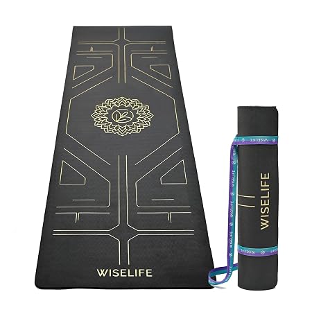 Wiselife True Alignment Yoga Mat + Sleek Yoga Strap for Men and Women (Probalance TPE Material, 6mm Thick, Long, Wide) (Charcoal), Black