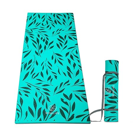WiseLife Printed Yoga Mat + Yoga strap (TPE Material 6mm Extra thick Extra long and wide Exercise mat for workout, fitness, yoga and pilates) (Turquoise Cyan)