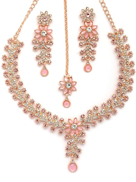 Sukkhi Delicate Fashion Style Gold Plated AD Stones Studded Floral Style Pink Choker Necklace with Dangle Earring & Maangtikk Jewellery Set for Women & Girls|NS107386