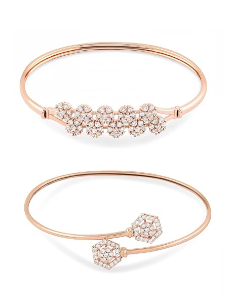 Set of 2 Rose Gold Contemporary Cubic Zirconia Brass Kada Style Bracelet