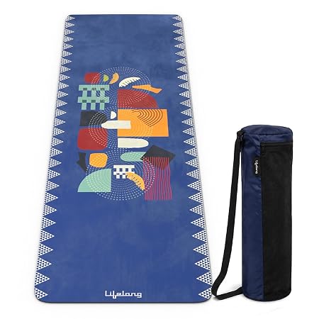 Lifelong Suede & Natural Rubber Yoga Mat for Woman & Man | Non-Slip & Anti-Skid | 4mm Yoga Mat for Man |Exercise Mat for Yoga, Workout & Pilates | Gym Equipment for Home Workout | Free Carry Bag (Blue)