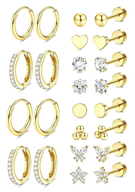 Shining Diva Fashion 12 Pairs Combo Set Latest Stylish Anti Tarnish Earrings for Women Men Girls (16844er) (Gold)