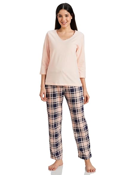 Amazon Brand - Eden & Ivy Women's T-Shirt Pyjama Set (FWUTSPJ03-GP-04_Pink & Navy_Large)