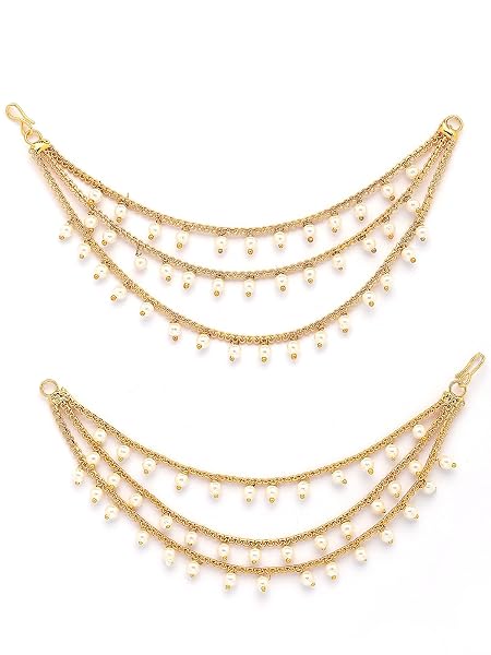 Sukkhi Classic Indian Traditional Brass Copper Gold Plated Multi Layer Pearls Ear Kan Chain Champaswaralu Earring Jewellery for Women & Girls|Pair of 1|ECN107320