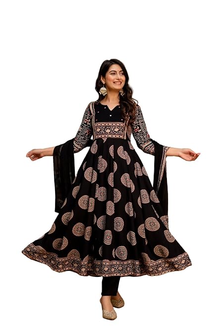 Berrylicious Embroidered & Printed Anarkali Kurta with Pant & Printed Dupatta | L | Black | Ethnic Motif | Anarkali | 3 Piece Suit Set