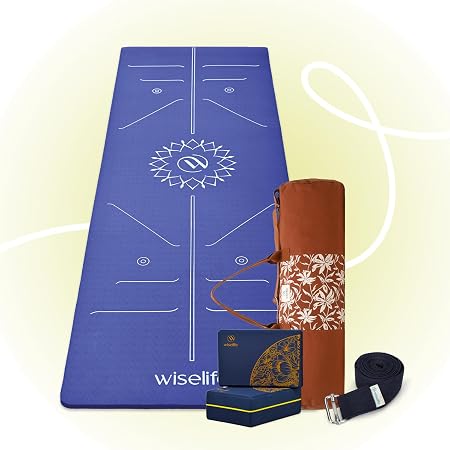 WiseLife Lotus Alignment Yoga Kit 10 mm | Yoga Mat,Carry Bag,Stretch Belt & Yoga Blocks | Non-Slip,Durable & Lightweight Ideal for Yoga,Pilates,Gym,Home Workout,Fitness & Flexibility Training(Blue)