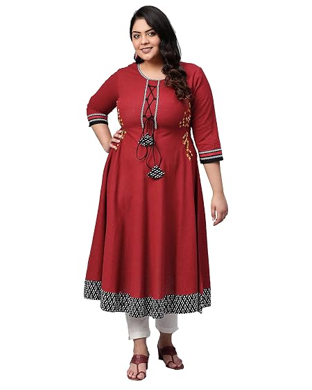 Yash Gallery Women's Cotton Slub Embroidered Regular Fit Anarkali Kurta (Maroon), 5XL