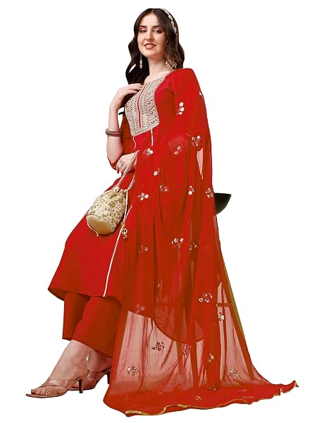 EthnicJunction Women's Chinon Embroidered A-Line Kurta Palazzo and Dupatta Set