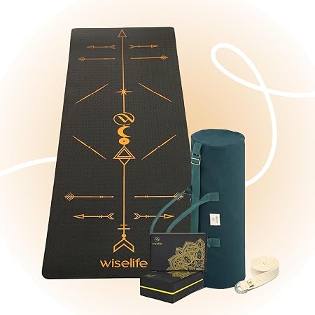 WiseLife Boho Alignment Yoga Kit 8mm | Yoga Mat,Carry Bag,Stretch Strap & Yoga Blocks | Non-Slip,Durable & Lightweight | Ideal for Yoga,Pilates,Gym,Home Workout,Fitness & Flexibility Training(Black)