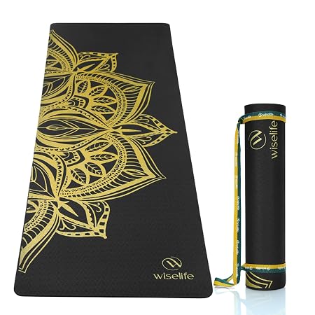 WiseLife Printed Yoga Mat (India's no 1 Yoga Brand) Yoga Strap For Men, Women, Kids | Anti-Slip Extra thick, long & Wide Exercise Sports Mat for Workout, Fitness, Gym, Home & Pilates 6MM (Black Mandala)