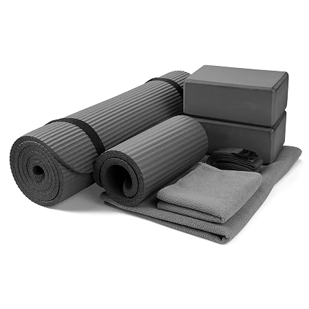 BalanceFrom GoYoga 7-Piece Set - Include Yoga Mat with Carrying Strap, 2 Yoga Blocks, Yoga Mat Towel, Yoga Hand Towel, Yoga Strap and Yoga Knee Pad (Gray, 1/2"-Thick Mat)