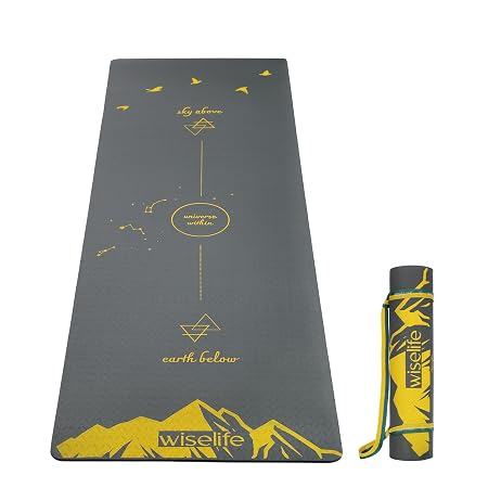 Wiselife Tpe Printed 6MM Yoga Mat + Yoga Strap For Men, Women, Kids|Anti-Slip Extra Thick, Long & Wide Exercise Sports Mat For Workout, Fitness, Yoga, Gym, Home & Pilates (Elements-Nature), Grey