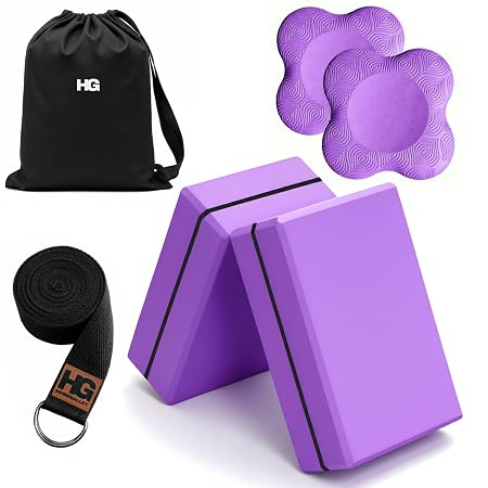 HOMEGALLEY Yoga Blocks Pack of 2 with Belt and 2 Knee Pad for Exercise, Yoga, Pilates & Gym Block Pair to Improve Strength, Balance, Stretching Yoga Bricks Set with Strap for Women and Men, Purple