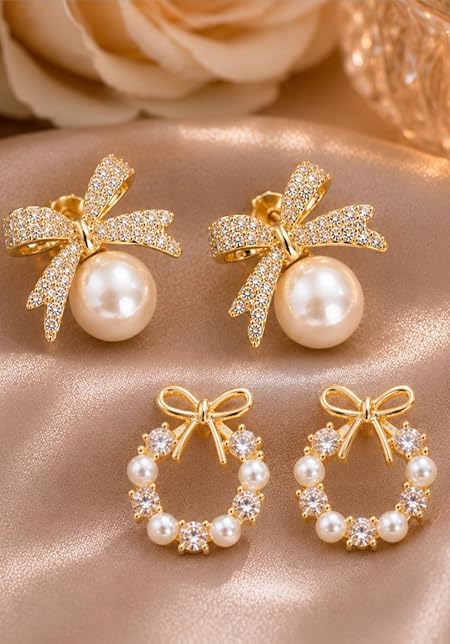 TRENDY Korean Style Fashion Earrings Set, Pearl and Crystal Bow Design,