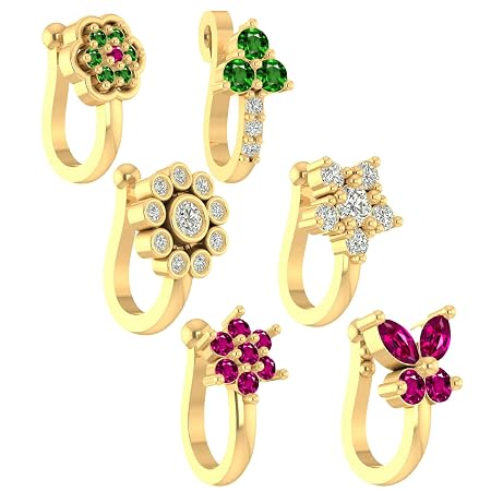 VAMA FASHIONS 6 Pcs 18K Gold Plated Anti Tarnish Clip on Nose pin without Hole Non Piercing Pressing Type Nose ring Stud for Women & Girls