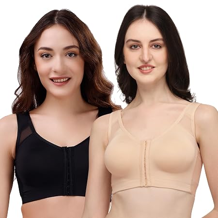 SOIE Women Front Closure Full Coverage Non Padded Non Wired Posture Correction Bra(Combo CB-334 Black/Nude XXL)