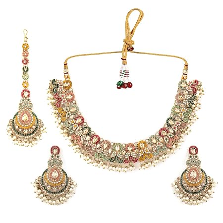 Rubans 22K Gold-Plated Multicolor Kundan & Pearl Beaded Handcrafted Choker Necklace Set with Maang Tikka