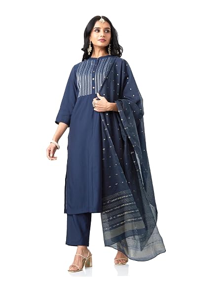 Amazon Brand - Myx Women's Embroidered Kurta Pant Set with Dupatta (SS25-MYX-VEN-KS-09_Navy_4XL)