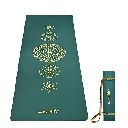 Wiselife TPE Printed 6MM Yoga Mat + Yoga Strap For Men, Women, Kids | Anti-Slip Extra thick, Long & Wide Exercise Sports Mat For Workout, Fitness, Yoga, Gym, Home & Pilates (Flower of life- Green)