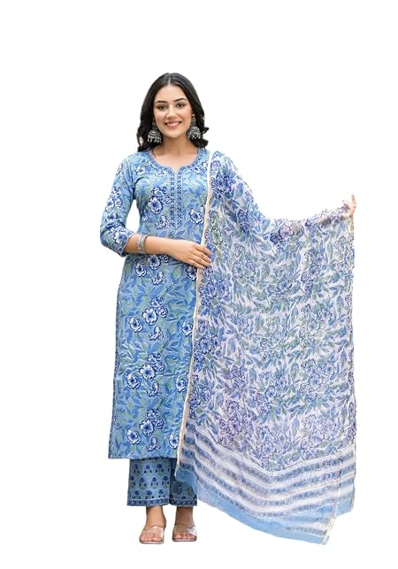 FABNEX Kurta Set for Women | Cotton Blend Regular Women Kurti with Dupatta (K-101-BLUE-XL)