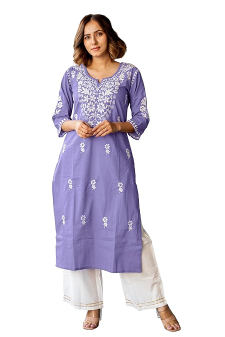 MIRCHI FASHION Pure Cotton Women Straight Thread Chikankari Kurti Set with Palazzo (K9943 - Purple,White - 4XL)