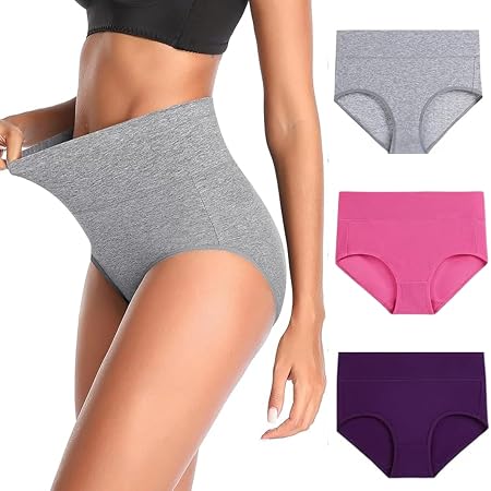 GLAMORAS Women's Cotton High Waist Full Coverage Panty Set, Size M-XXL (Pack of 3 Panty) | High Rise Seamless Brief Panties for Women | Cotton Soft Tummy Support Combo Set - Grey, Pink, Purple - XL