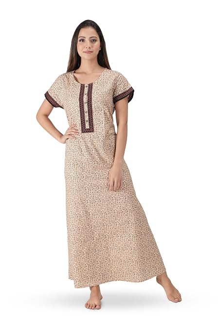 NIHSAMAH Core Style Cotton Night Gown for Women with Pockets | Premium Printed Long Nighty | Comfortable & Fancy Sleepwear/Nightwear (Ruby Red, XL-Bust-46)
