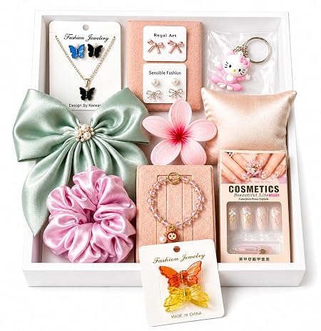 Mohmit Mart 10 Pcs Trendy Hair Accessories & Jewelry Gift Set for Girls & Women | Random Designs as per Latest Trend | Pink Gift Box Included