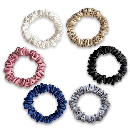SILVR BEAR Luxury Satin Scrunchies SAME 6 COLORS AS PIC, Anti-Hair-Breakage, Hair Ties, Scrunchies Set for Girls, Women, Best gift for Sister, Friend, Mom (Classic Skinny)