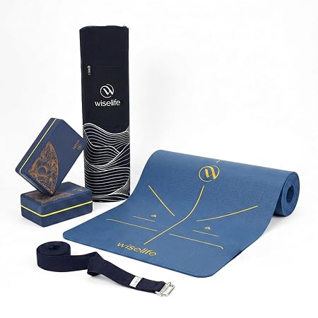 WiseLife Alignment Yoga Kit 6 mm | Yoga Mat,Carry Bag,Stretch Belt & Yoga Blocks | Non-Slip,Durable & Lightweight Ideal for Yoga,Pilates,Gym,Home Workout,Fitness & Flexibility Training(Blue)