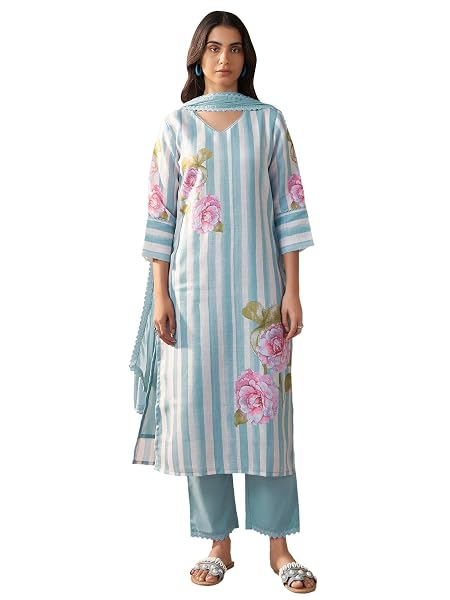 INDO ERA Women's Straight Linen Floral Print with Beads Work Kurta Pant with Dupatta Set (Blue_IEOUT9824_Small)