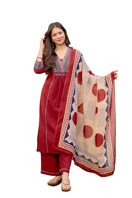 MEERA FAB Women Floral Printed Pure Cotton Straignt V-Neck Kurta with Trousers & Dupatta Maroon