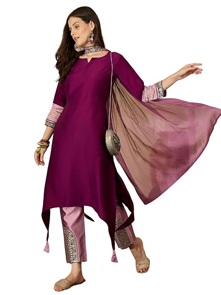 EthnicJunction Women's Cotton Silk Embroidered Asymmetric Kurta Pant with Choker Dupatta Set Wine