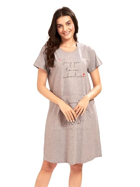 AV2 Women's Cotton Graphic Print Knee Length Nighty Grey