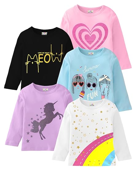 Kuchipoo Girls Regular Fit Full Sleeves Cotton T-Shirts (KUC-TSHRT-458, 2-3 Years, Multi-Colored)