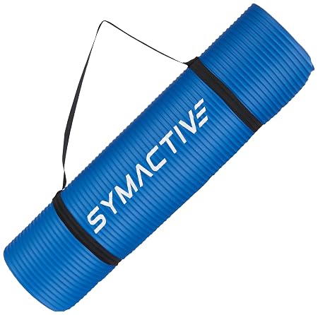 Amazon Brand - Symactive 10mm Extra Thick NBR Yoga Mat with Carrying Strap, Yoga Mat for Women & Men for Workout, Yoga and Fitness (Blue)