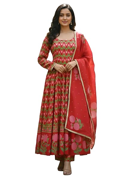 Leriya Fashion Women Printed Kurta Set with Dupatta | Three Piece Kurta Set for Women | Anarkali Style Traditional Dress for Woman | Salwar Suit for Party Outfit Kurti Set Red