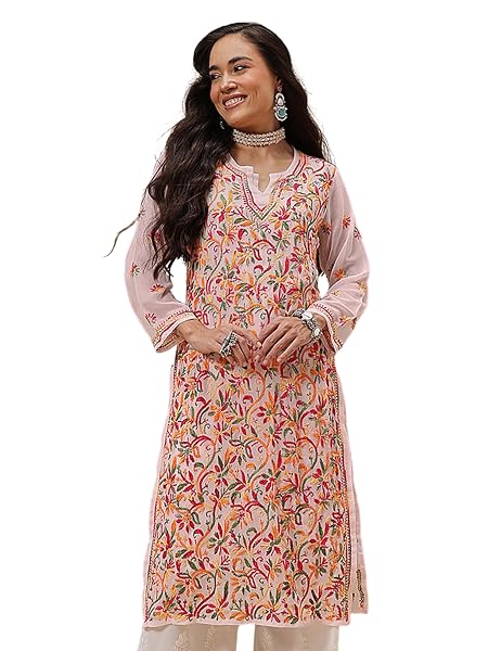 Ada Hand Embroidered Chikankari White Georgette Kurta for Women A90335 (XL)